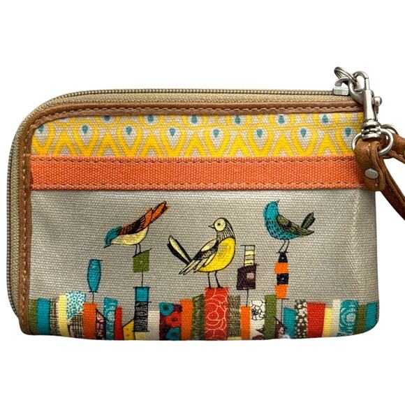 Fossil Key-Per Yellow Blue Bird Print Zip Around Wallet - Picture 4 of 6